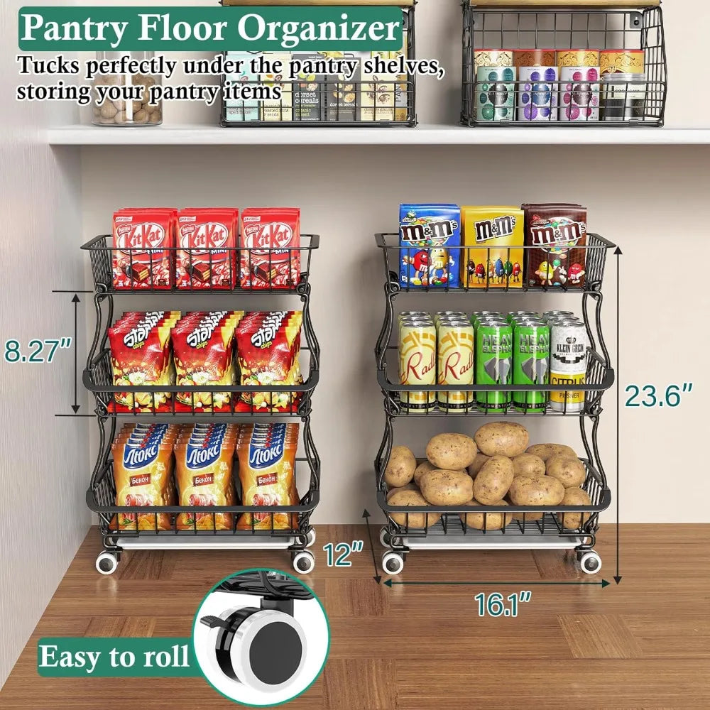 Pantry Floor Organizer and Storage Cart with Wheels, Stackable Wire Pantry Baskets for Pantry Shelves, Kitchen Fruit Basket
