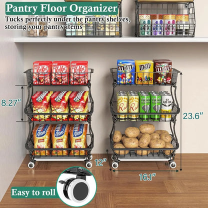 Pantry Floor Organizer and Storage Cart with Wheels, Stackable Wire Pantry Baskets for Pantry Shelves, Kitchen Fruit Basket