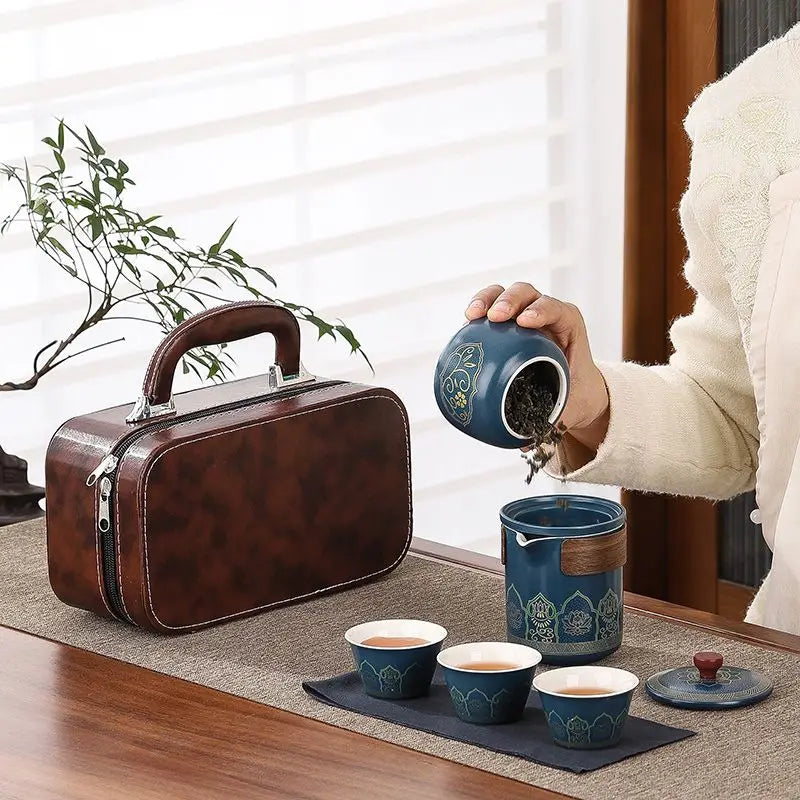 Travel tea set, portable Kung Fu tea set, ceramic teapot, tea can, tea cup, outdoor quick cup, tea can, leather bag packaging