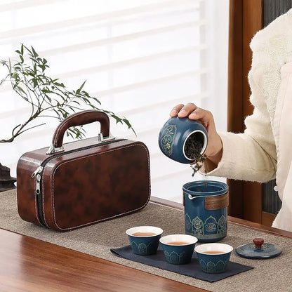 Travel tea set, portable Kung Fu tea set, ceramic teapot, tea can, tea cup, outdoor quick cup, tea can, leather bag packaging