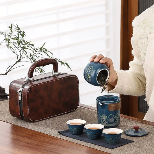 Travel tea set, portable Kung Fu tea set, ceramic teapot, tea can, tea cup, outdoor quick cup, tea can, leather bag packaging