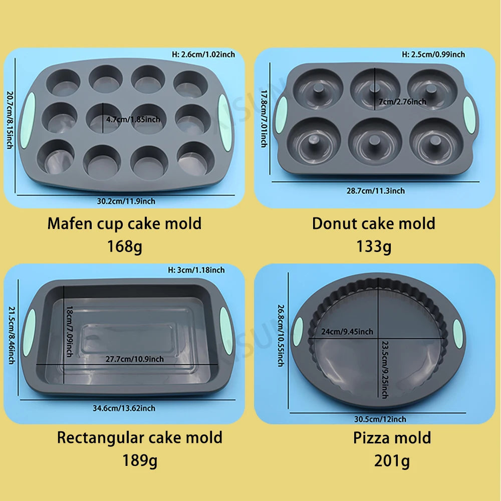 Heat resistant silicone loaf bread muffin donut cake baking tray oven baking pan silicone bakeware set Silicone Cake Pan Set