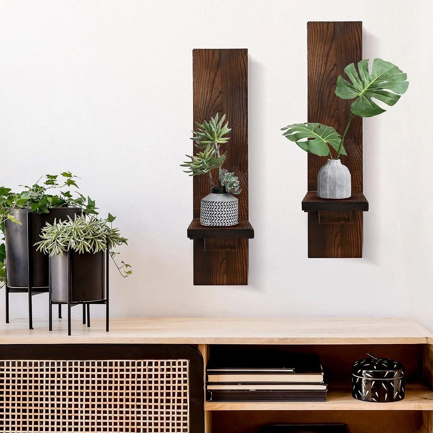 Set of 2 Wooden Wall Candle Sconces Rustic Wall Mount Wood Pillar Candle Sconces for Living Room Vintage Wall Candle Holders