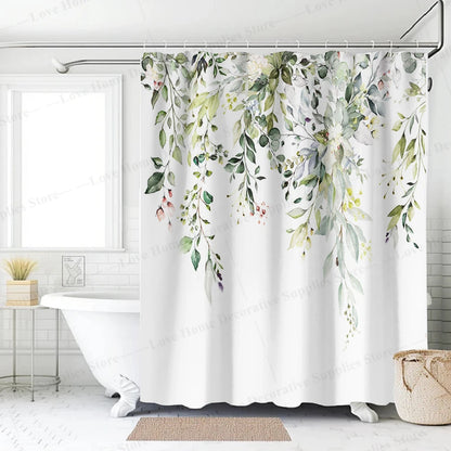 1pc Leaves on The Top Plant with Floral Shower Curtain Waterproof Polyester Fabric Bathroom Decoration 180*180CM with Hooks