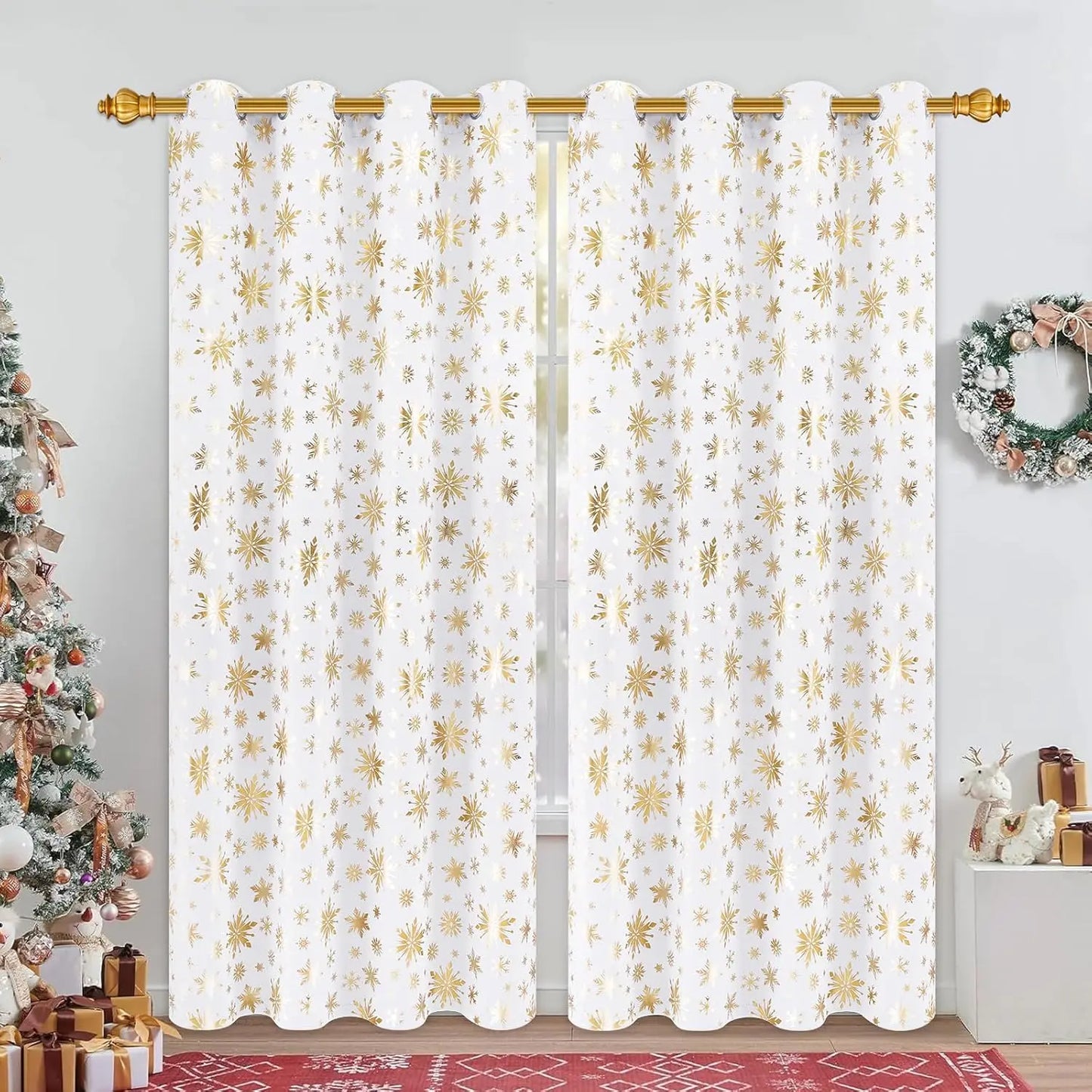Blackout Christmas Curtains, suitable for living rooms and bedrooms, with gold snowflake foil print.
