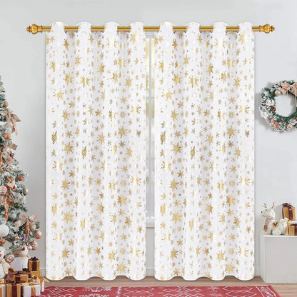 Blackout Christmas Curtains, suitable for living rooms and bedrooms, with gold snowflake foil print.