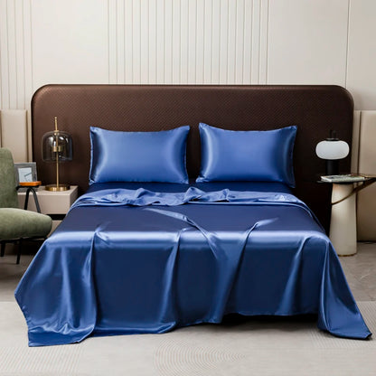 Satin Bed Sheet Sets for Summer Silky Smoooth Top Sheet with Pillowcase Single/Queen/King Ice Cooling Flat Bed Sheet Sets