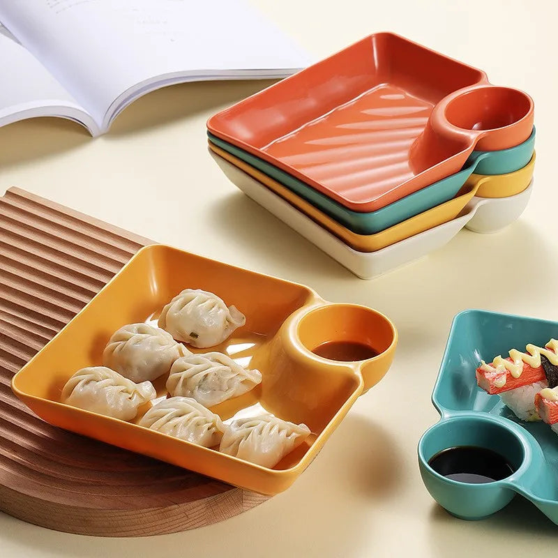 Nei 2 / 1PC Quadrat Dumpling Teller mat Esseg Space Snack Teppech Creative threate thread Tabeware Chrëschtdaggeschware