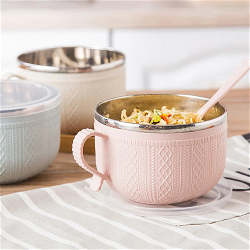 Roestvrij staal Dubbellaags Ramen Noedels Bowl Anti-scalding Instant Noodle Bowl Grote capaciteit met deksel en lepel servies