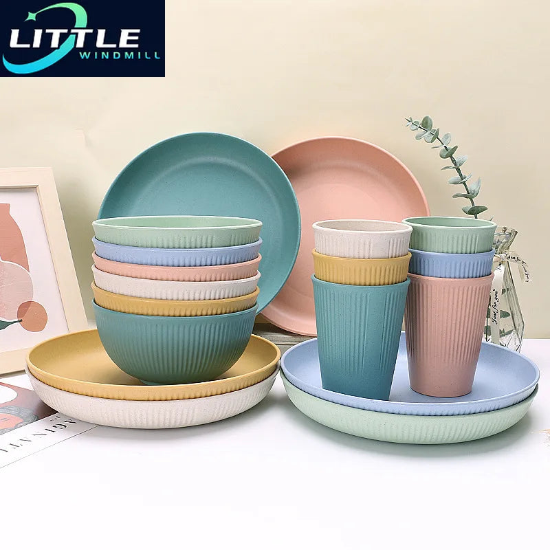 6pcs Wheatgrass Candy Color Tableware Set, Bowl, Cup, Dish Set, Fruit Salad Vertical Pattern, Picnic, Camping Tableware Set