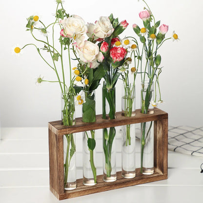 1 Set Creative Hydroponic Plants Container With Wood Frame Transparent Glass Test Tube Vase Bonsai Home Desktop Decor Crafts