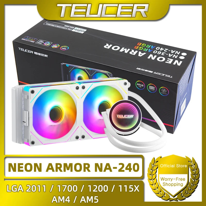 Teucer NA-240 Argb CPU Líquido Cooler líquido LGA 2011 1700 1200 AM4 AM5 Radiador de resfriamento de água de 240 mm Equipado com ventilador JM-1 sem fio