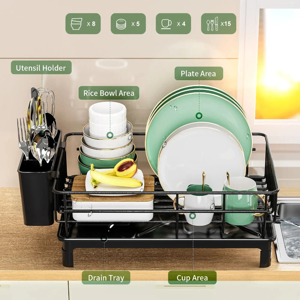 Hollow Dish Rack Kitchen Countertop Rack with Drainage Tray Multifunctional Tableware Rack Rust Resistant Durable