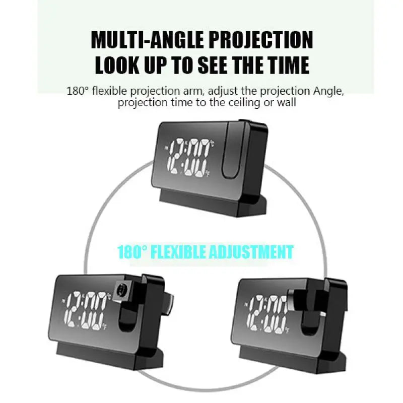 180 ° Arm Projeksjon Digital vekkerklokke Temperatur Fuktighet Nattmodus Snooze Table Clock 12/24H USB Projektor LED -klokke