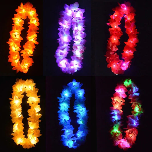 Women Girl Hawaii Light Up Flower Lei Necklace Hula Garland Wreath Wedding Hawaiian Costume Tropical Luau Glow Party Halloween