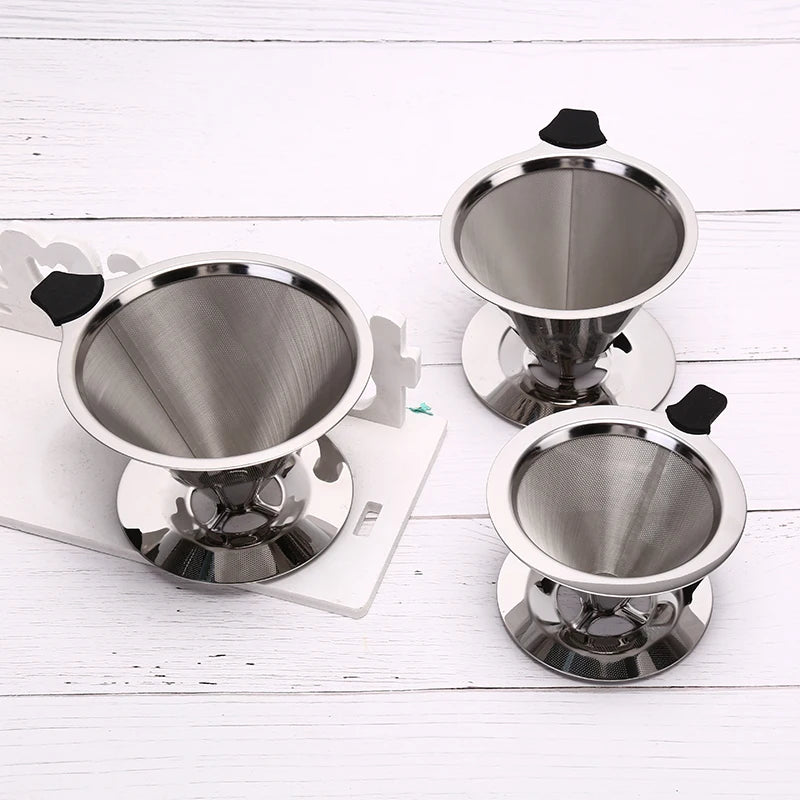 1Pcs Stainless Steel Reusable Coffee Filter Holder Pour Over Mesh Tea Dripper Cup With Base