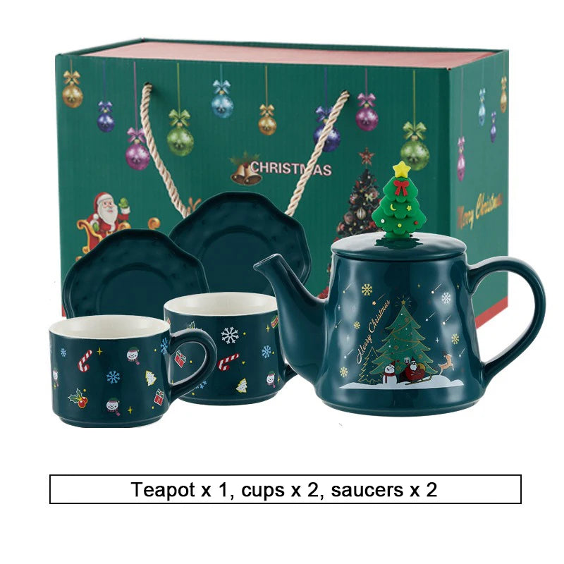 Christmas Ceramics Teaware Sets Coffee Cup & Saucer Santa Claus Elk Snowman Tea Pot and Cup Set Drinkware Xmas Gift 1 Pot 2 Cups