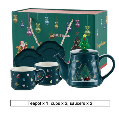 Christmas Ceramics Teaware Sets Coffee Cup & Saucer Santa Claus Elk Snowman Tea Pot and Cup Set Drinkware Xmas Gift 1 Pot 2 Cups