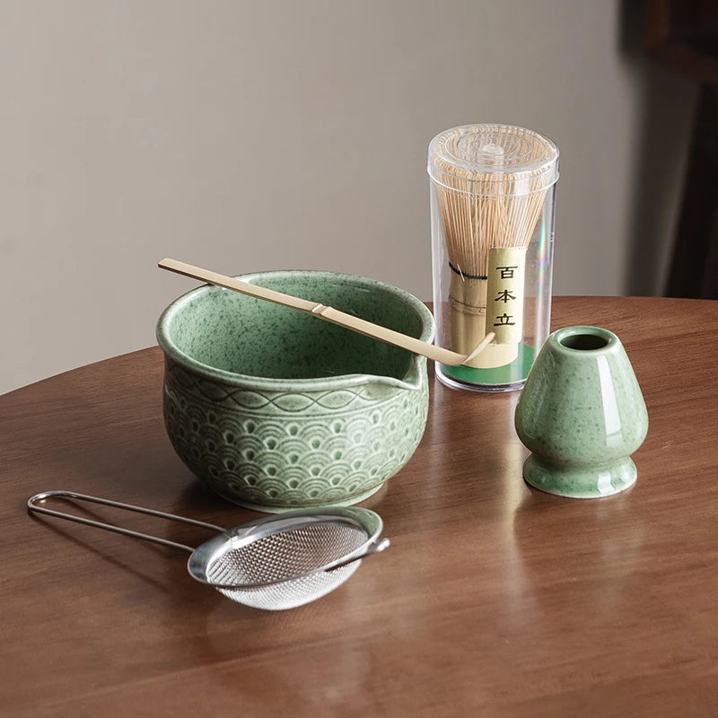 Japanese Matcha Set 2/5/6 Pieces - Green Pattern Tea Bowl, Bamboo Stirrer, Spoon & Filter - Traditional Japanese Tea Ceremony