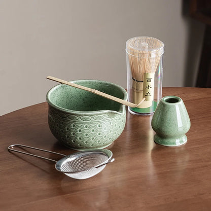 Japanese Matcha Set 2/5/6 Pieces - Green Pattern Tea Bowl, Bamboo Stirrer, Spoon & Filter - Traditional Japanese Tea Ceremony