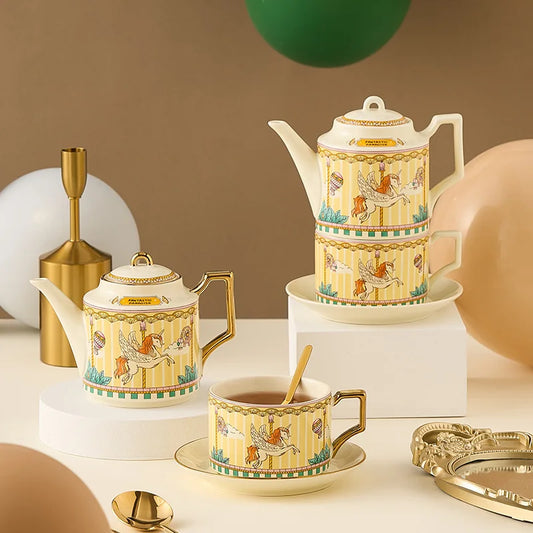 Ceramic Teaware Sets Teapot Teacup & Saucer and Spoon Carousel Pattern Stackable English Afternoon Tea Set  for Household Gifts