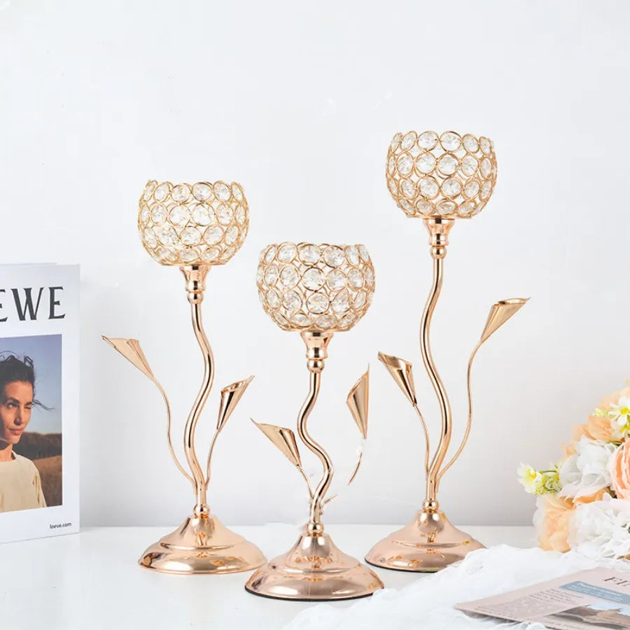 Gold Crystal Candle Holder, Iron Flower Shaped Candlestick Small Vintage Candlestick Set for Table Centerpiece Wedding Birthday