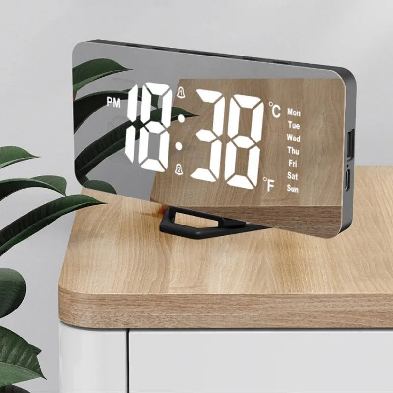 Mirror Digital Alarm Clock Auto Dimming Night Mode Table Clock Touch Snooze USB Output Charge Dual Alarm Electronic LED Clocks