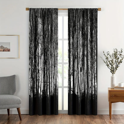 2PC Gothic Black Forest Curtains - Dark Misty Pine Blackout Rod Pocket Drapes for Bedroom & Living Room