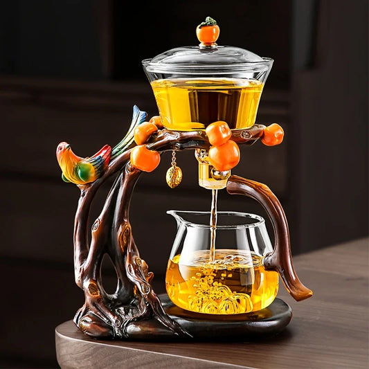 Eco-Inspired Faux Wood Glass Teapot - Magnetic One-Touch Infuser | Nature Decor, Spill-Proof, Ceremonial Tea Set