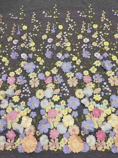 Colorful 3D Flower Lace Fabric DIY Wedding Dress Luxury Latest Three - dimensional sunflower floating soft mesh embroidery lace