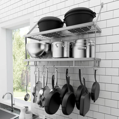 30-Inch Kitchen Pot Rack - Mounted Hanging Rack for Kitchen Storage and Organization - Matte Black 2-Tier Wall Shelf with Guard