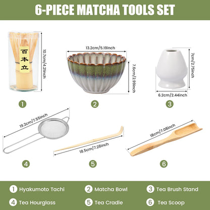 6Pcs Matcha TeaSet Exquisite Craftsmanship Japanese Matcha Making Set with Bowls Whisk&Holder Teaspoon Sifter Matcha Giftbox