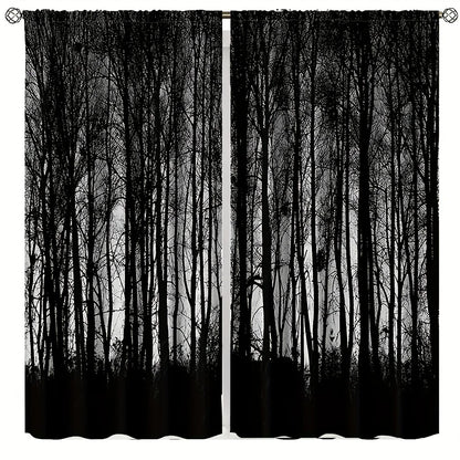 2PC Gothic Black Forest Curtains - Dark Misty Pine Blackout Rod Pocket Drapes for Bedroom & Living Room
