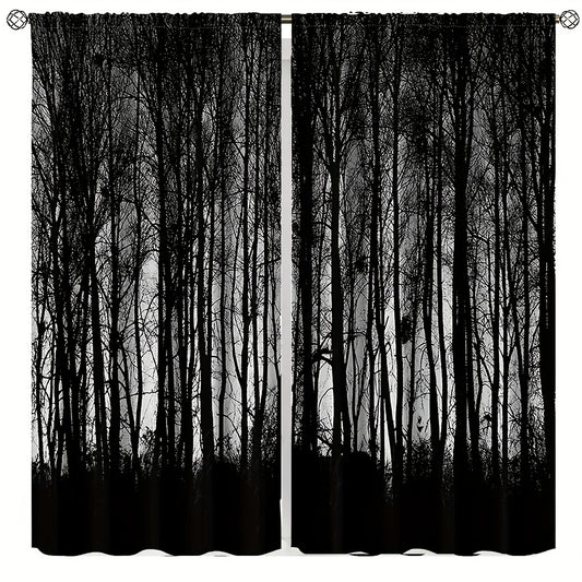 2PC Gothic Black Forest Curtains - Dark Misty Pine Blackout Rod Pocket Drapes for Bedroom & Living Room