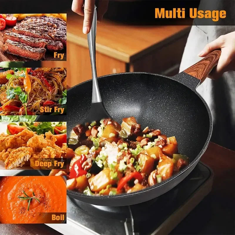 12.5" Non-stick Wok Frying Pan Cooking Gas Stove Induction Skillet Cookware Durable Maifan Stone Home Steak Pancake Saucepan