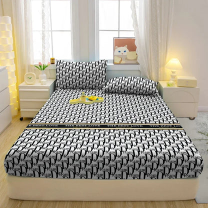 1 Simple Modern Letter Printed Matte Fitted Sheet, Bedroom Printed Bed Cover, Bedding (Excluding Pillowcases)