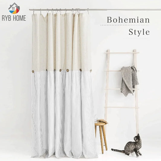 Ryb Home Linen Button Curtain Cotton Tecle Fabric Pleated Stripe cinza em curtinas de estilo de país à prova d'água para banheiro