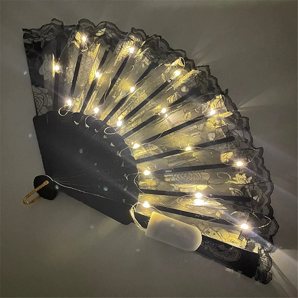 1PC LED Glowing Fan Lace Folding Plastic Fan Dance Wedding Hand Fans Birthday Party Gift Holiday Decor Light Up Party Props