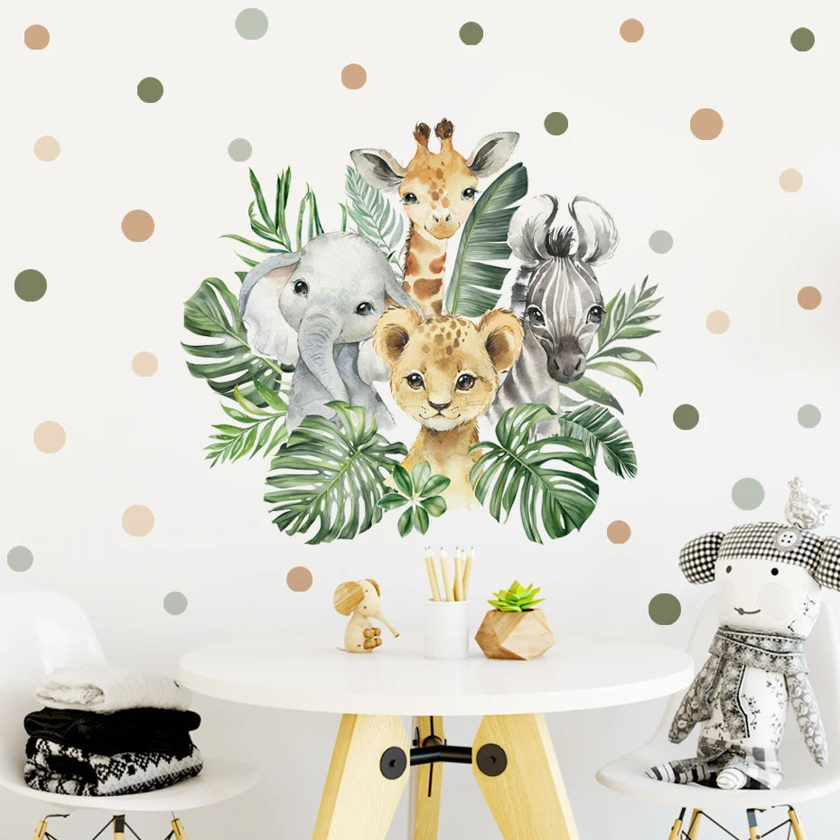 Cartoon Dschungeltiere Blätter Aquarell Vinyl Wandaufkleber für Kinderzimmer Baby Kinderzimmer Dekoration Elefant Giraffe Aufkleber