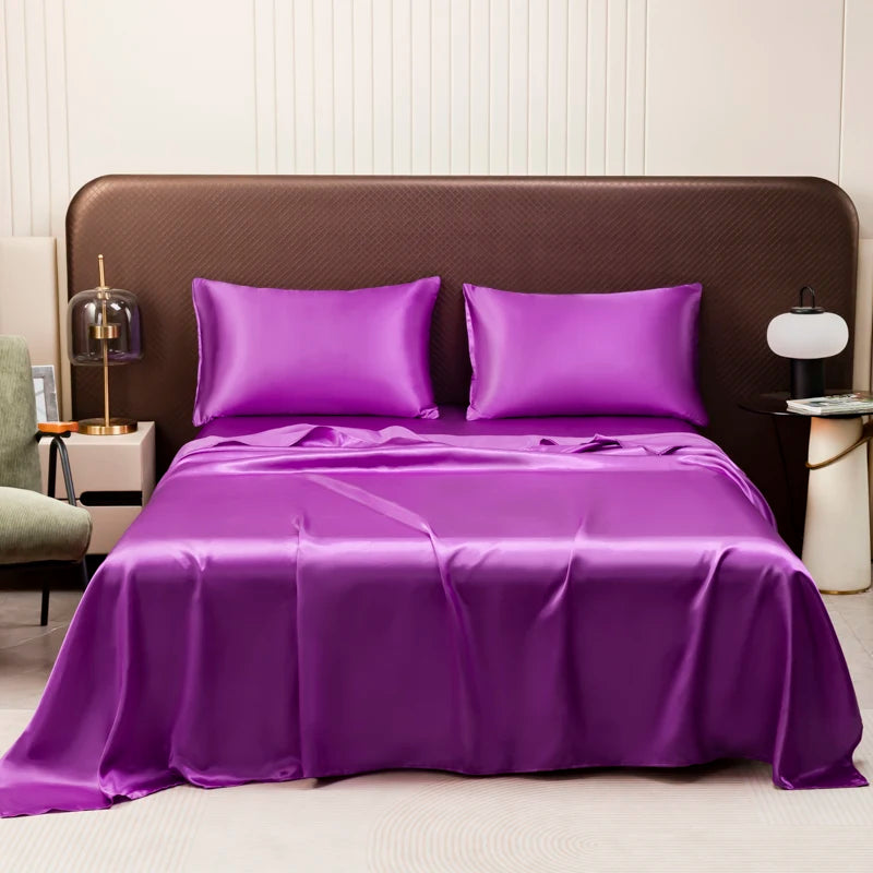 Satin Bed Sheet Sets for Summer Silky Smoooth Top Sheet with Pillowcase Single/Queen/King Ice Cooling Flat Bed Sheet Sets