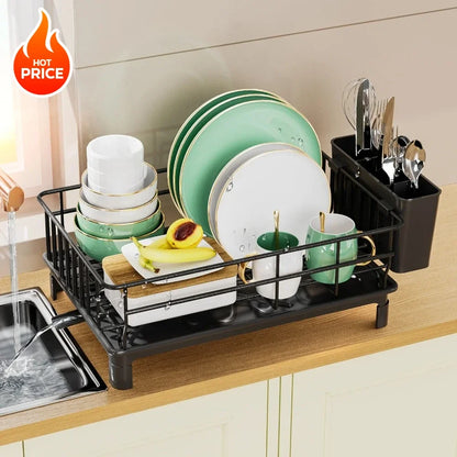 Hollow Dish Rack Kitchen Countertop Rack with Drainage Tray Multifunctional Tableware Rack Rust Resistant Durable
