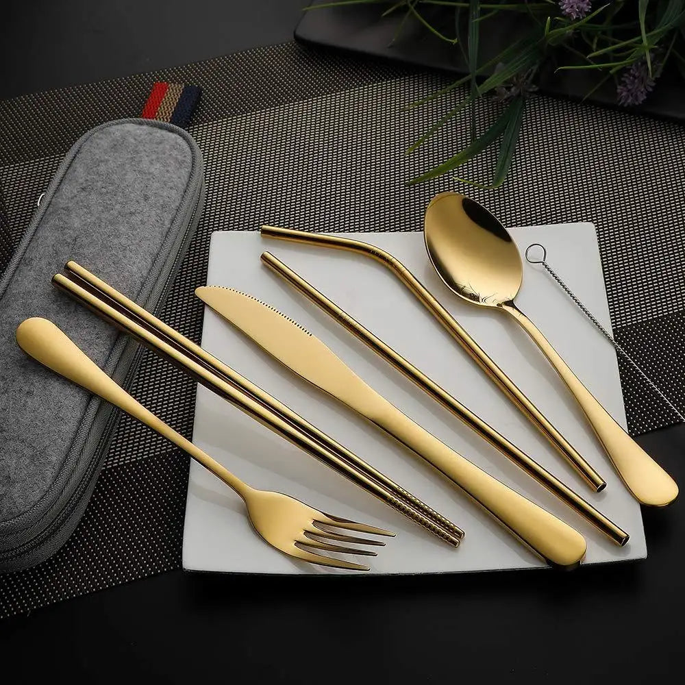 8pcs/conjunto de tabela de talheres reutilizáveis ​​utensílios de acampamento conjuntos com colher de aço inoxidável pauzinhos de palha de palha