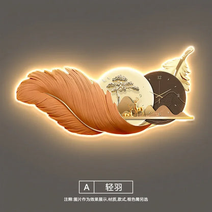 Modern Luxury Wall Clock LED Feather 3d Decorative Painting Large Wall Clock with Light Sofa Background Living Room Decoration