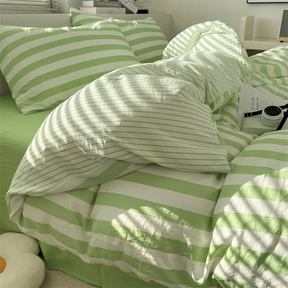 Washed Cotton Double Yarn Crepe Striped Quilt Set 3-4 Pillowcase with Sheet Bedding Cover Supplies 200x230 220x240 Skin Friendly