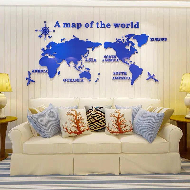 World Map Wall  3D Acrylic Wall Stickers Three-dimensional Mirror Stickers Bedroom Office Background Wall Decoration Stickers