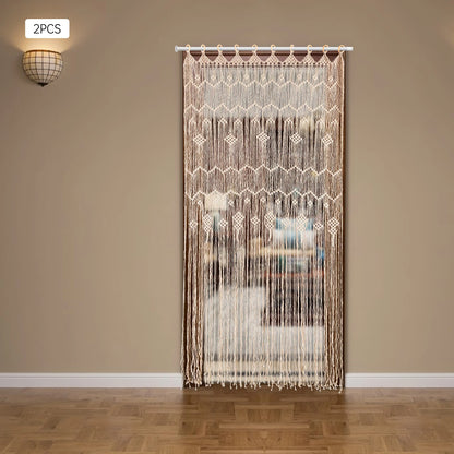 Handwoven Macrame Curtain Set of 2 Boho Room Divider Light Filtering Window Drapes with Wood Rings 39x79 Inch for Home Wedding