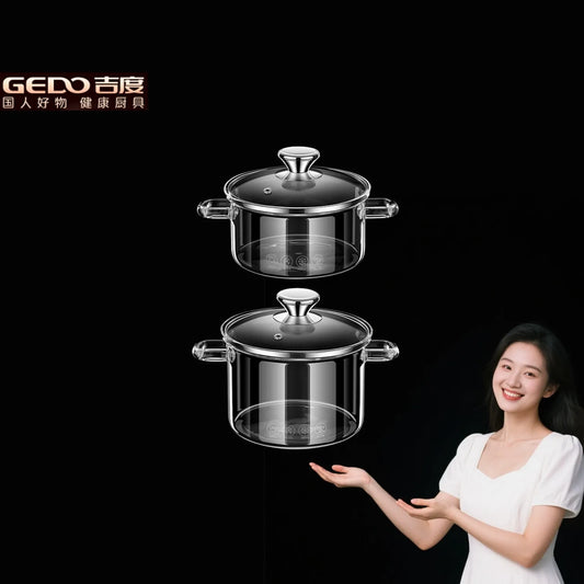 GEDO Transparent Glass Stewing Pot 1300ml and 1800ml Capacity Stockpot with Side Handle and Cover Luxury Kitchen Cookware