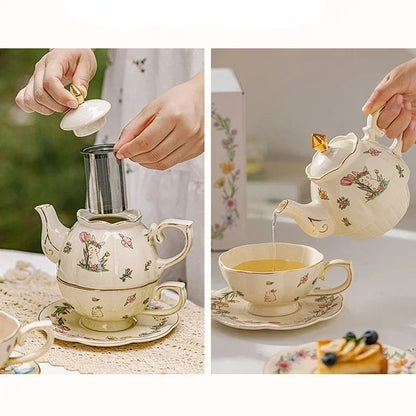 Luxury Gift Box Cup and Pot Girl and Rabbit Ceramic Teapot Coffee Cup Dish Set Birthday Gift Tea Pot Set