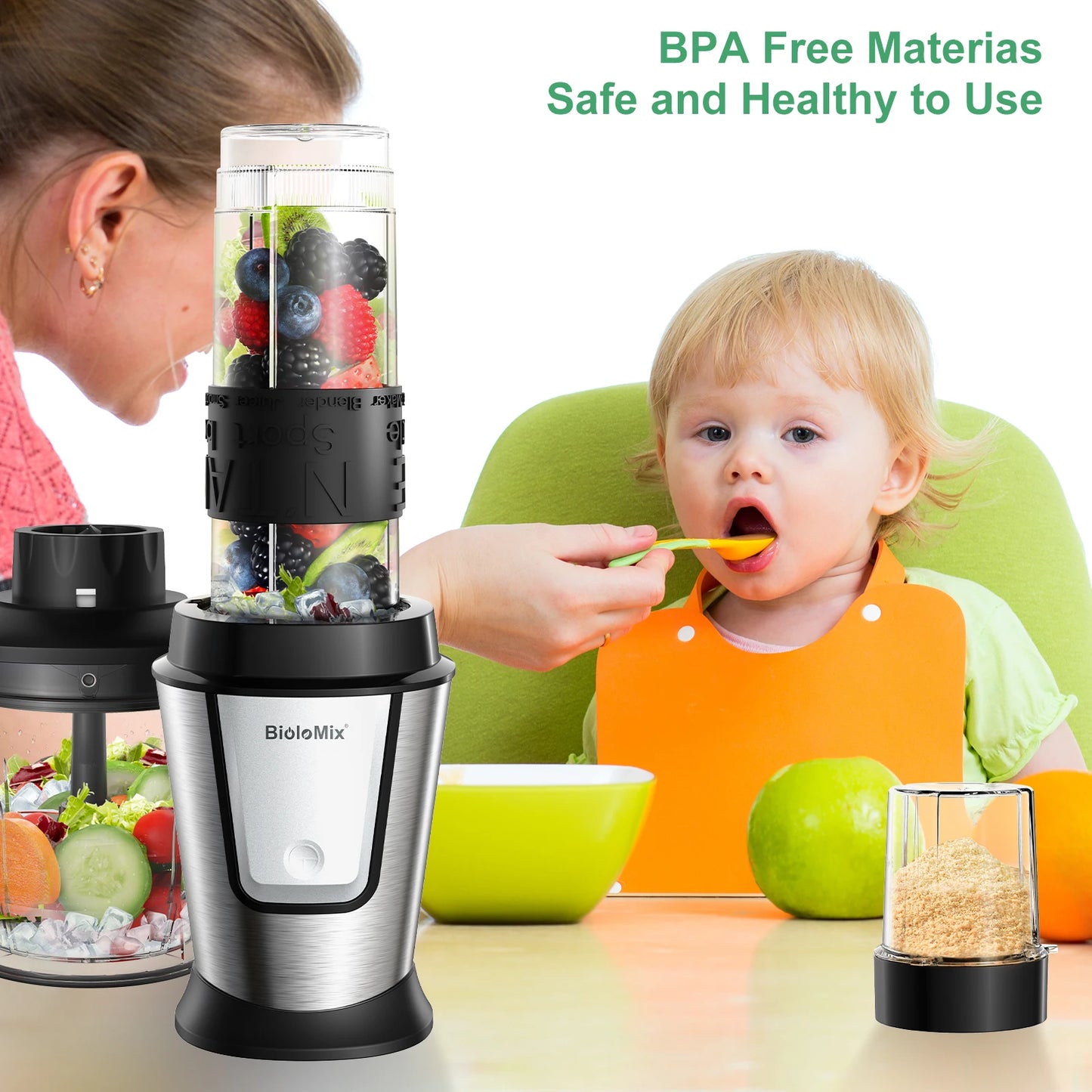Biolomix 3 em 1 processador de alimentos multifuncional 700w portátil espremedor liquidificador pessoal smoothie misturador picador de alimentos e moedor seco