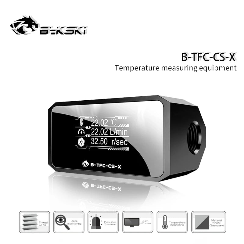 Bysski PC Liquid Cooler Flowmeter Termometer, Flow+Flow Rate+Temper 3 in 1 Water Cooling Monitor Digital OLED Display B-TFC-CS-X